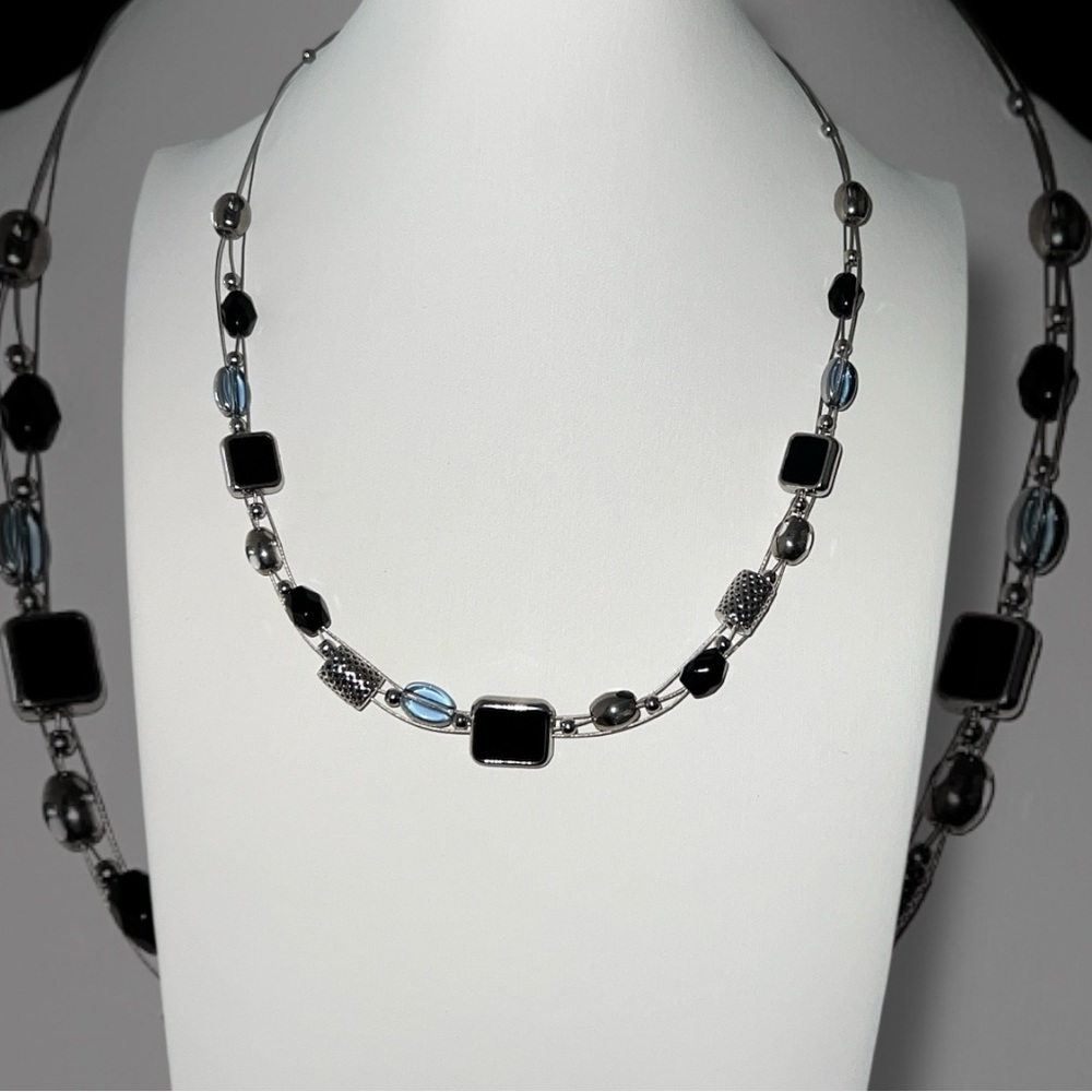 Lia Sophia Elegant Black and Silver Necklace With Soft Blue Stones